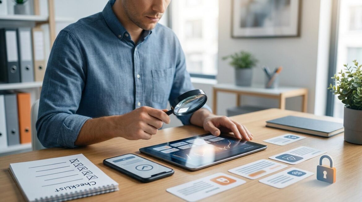 Rà soát nguồn dữ liệu khách hàng trên máy tính bảng cùng checklist và biểu tượng khoá bảo mật
