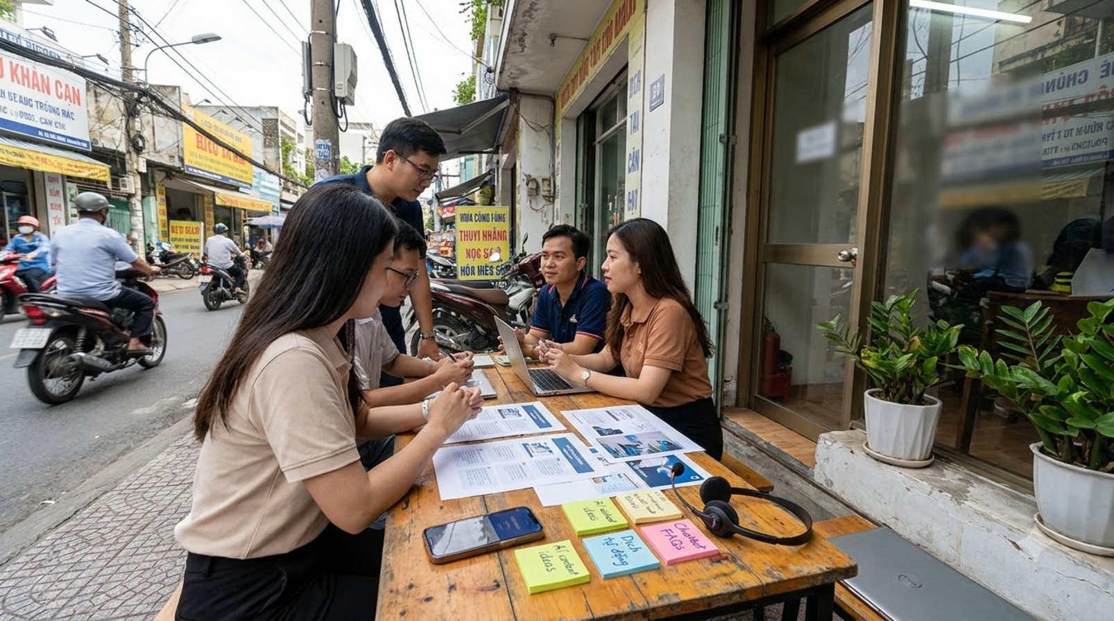 Nhóm marketing Việt Nam xem bản in chiến dịch và ghi chú bên cửa hàng phố
