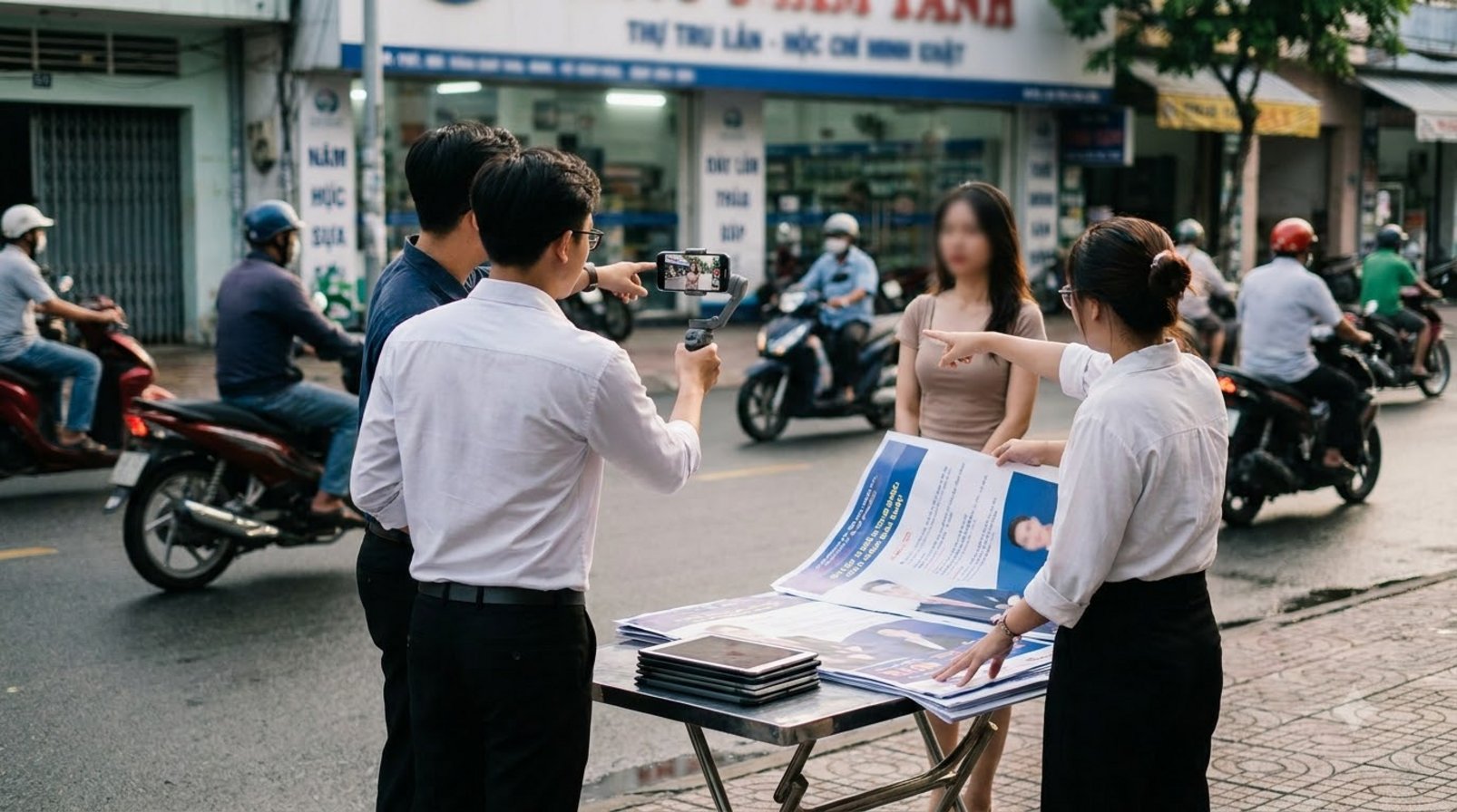 A group of marketers in Saigon filming content with phones on the street