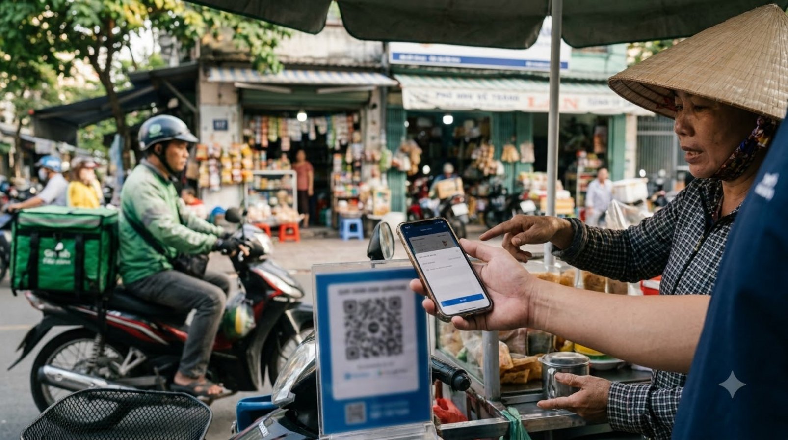 Người bán hàng ven đường ở Sài Gòn nhận thanh toán điện thoại, xe máy và quầy nhỏ phía sau