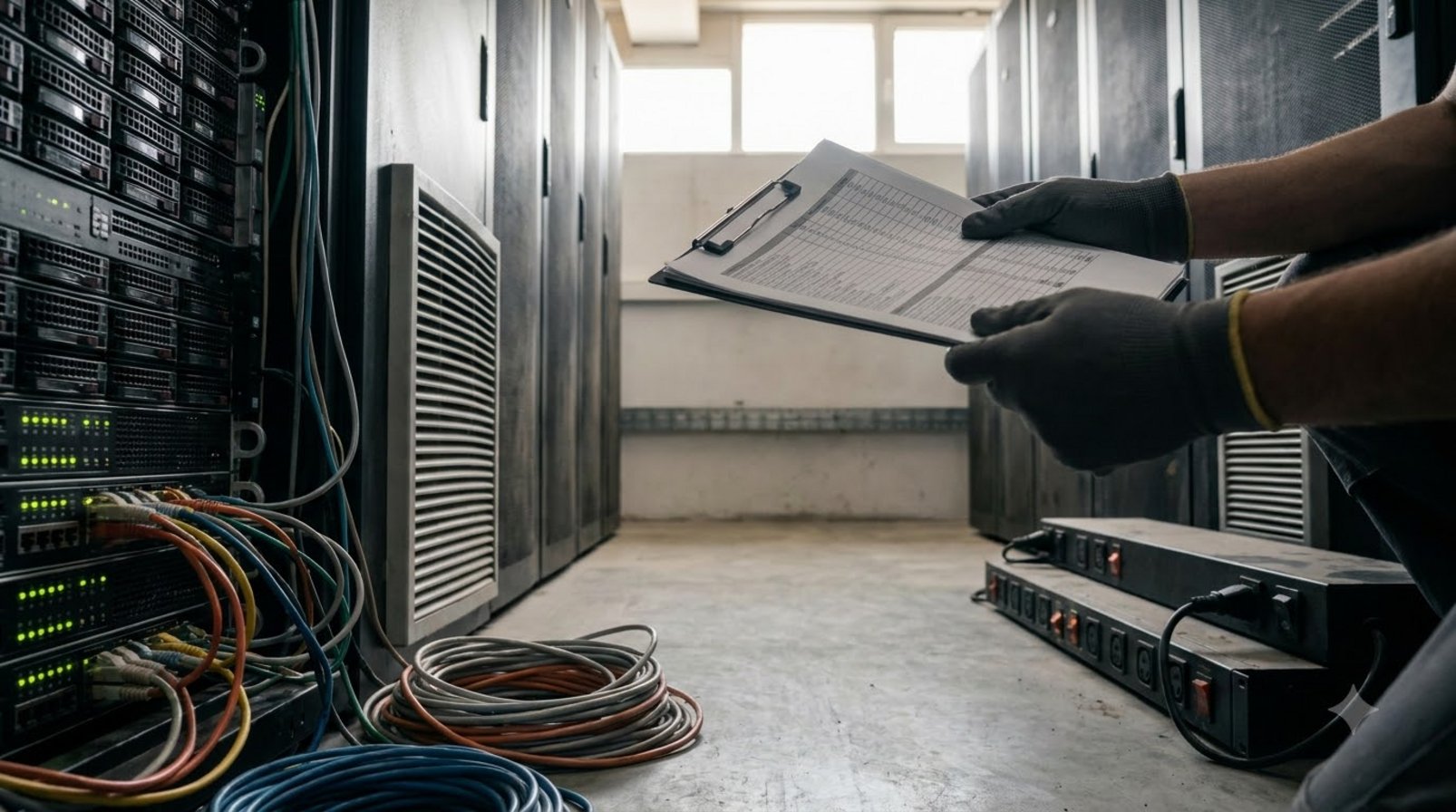 Server room with network cables, rack pricing, and operating cost records