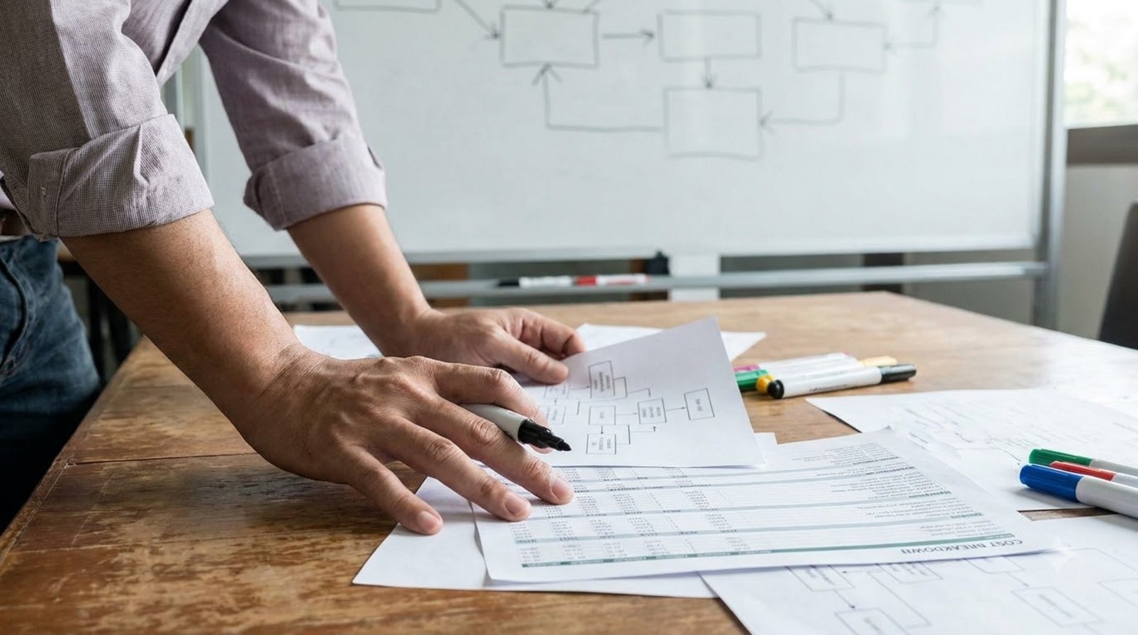 A desk with campaign analytics charts and cost papers being closely reviewed