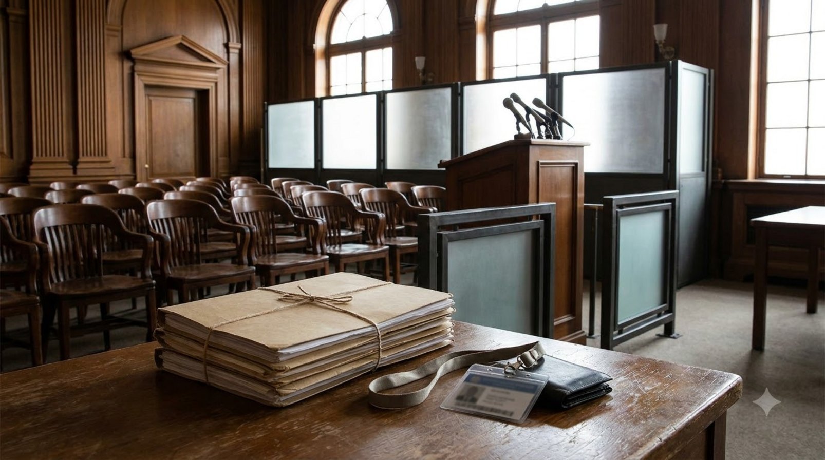 A policy hearing room with a podium, empty chairs, and sealed files