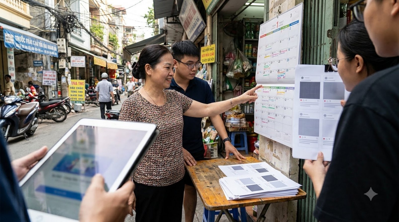 A Vietnamese shop owner reviewing printed ad content on a busy motorbike street