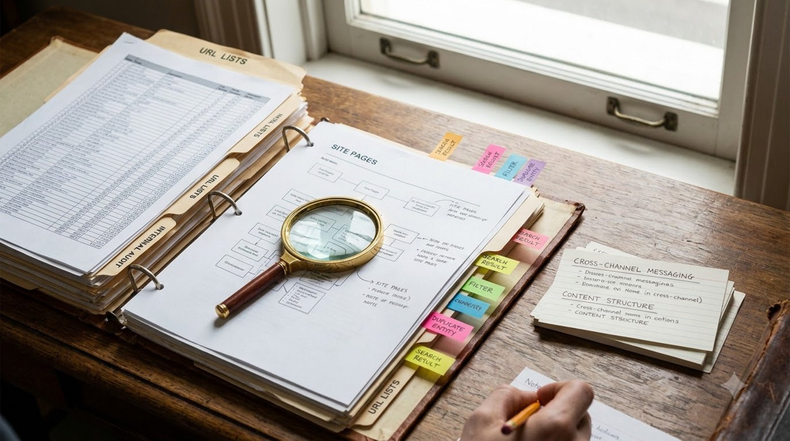 Paper files, a magnifying glass and a marked list of URLs in an archive room