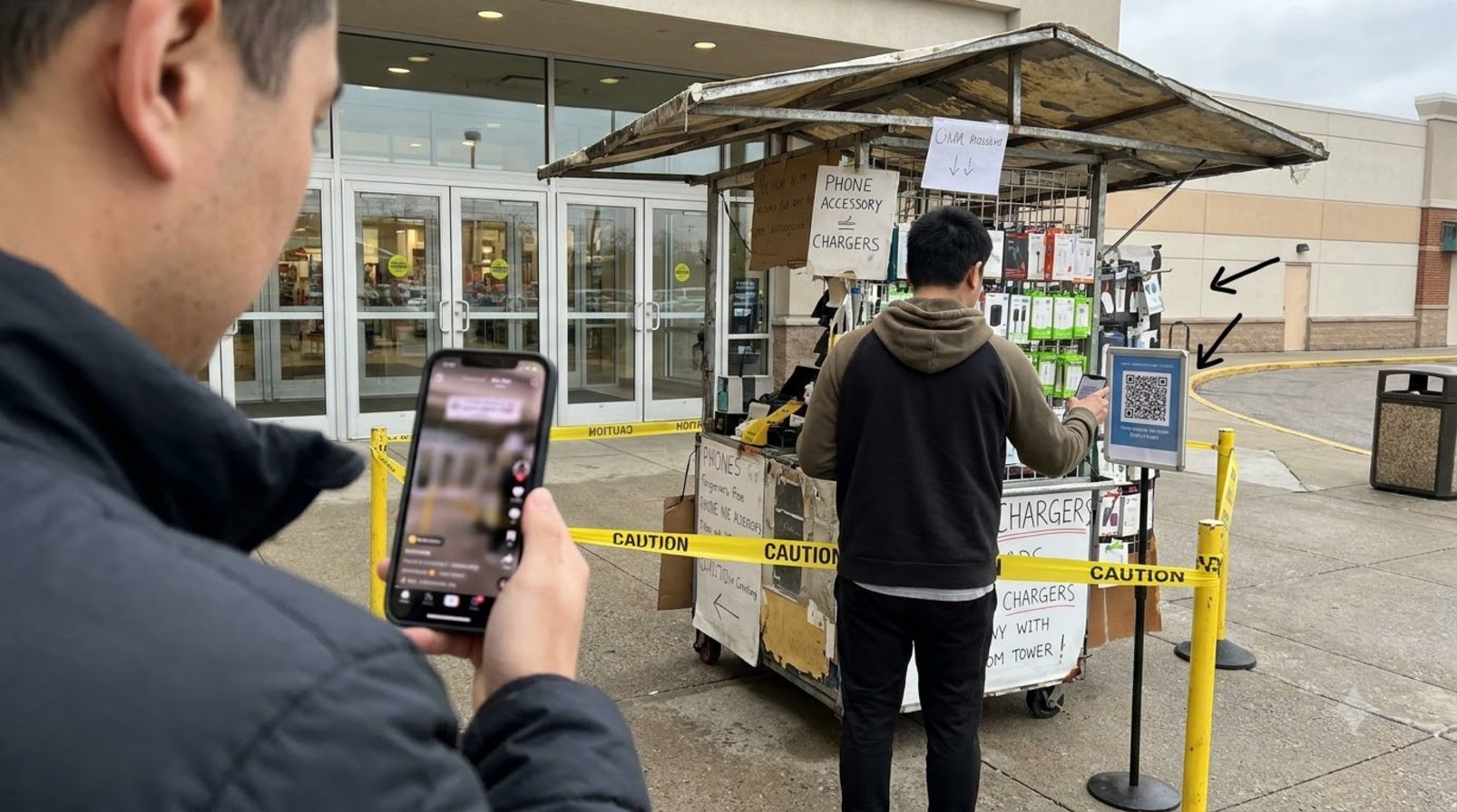 Phone watching short videos in front of a storefront and warning barriers