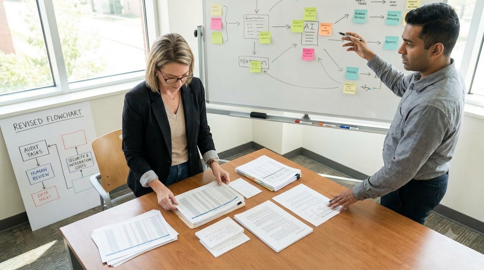 Người làm marketing xem báo cáo giấy và sơ đồ quy trình bên bảng trắng ghi chú thủ công