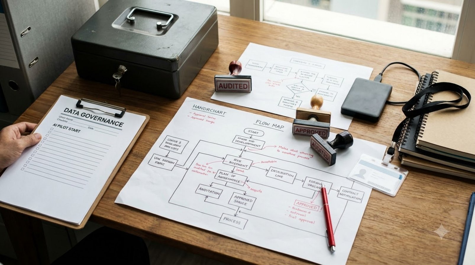 An advertising workflow tabletop with paper diagrams, approval stamps, and a data lock box