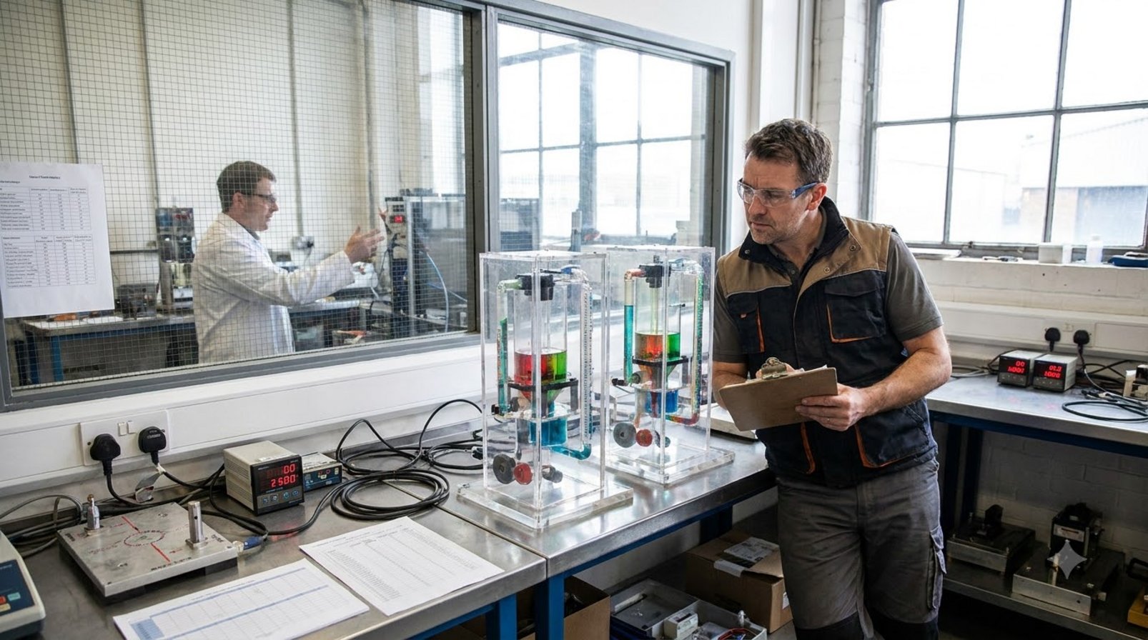 Kỹ sư kiểm tra hai thiết bị thử nghiệm trong phòng lab với clipboard và đồng hồ bấm giờ