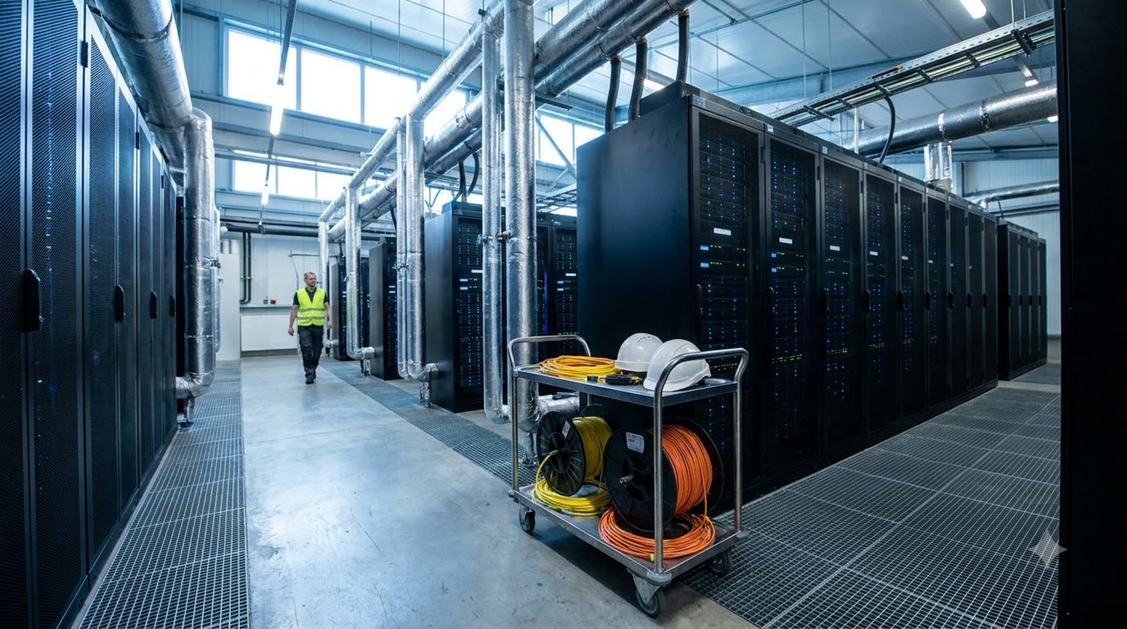 Hành lang trung tâm dữ liệu với dãy server sáng đèn và kỹ thuật viên kiểm tra hệ thống