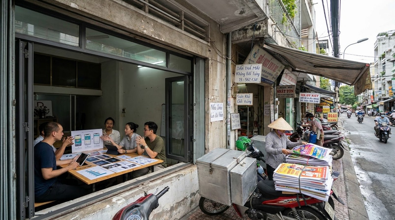 Nhân viên agency làm việc giữa phố đông, với vật liệu in ấn và không gian văn phòng mở