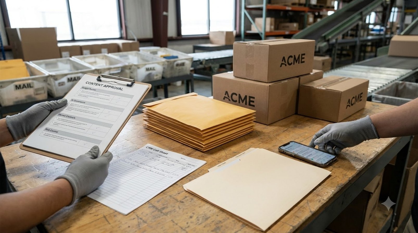 Mail packing table and shipping boxes with content review records