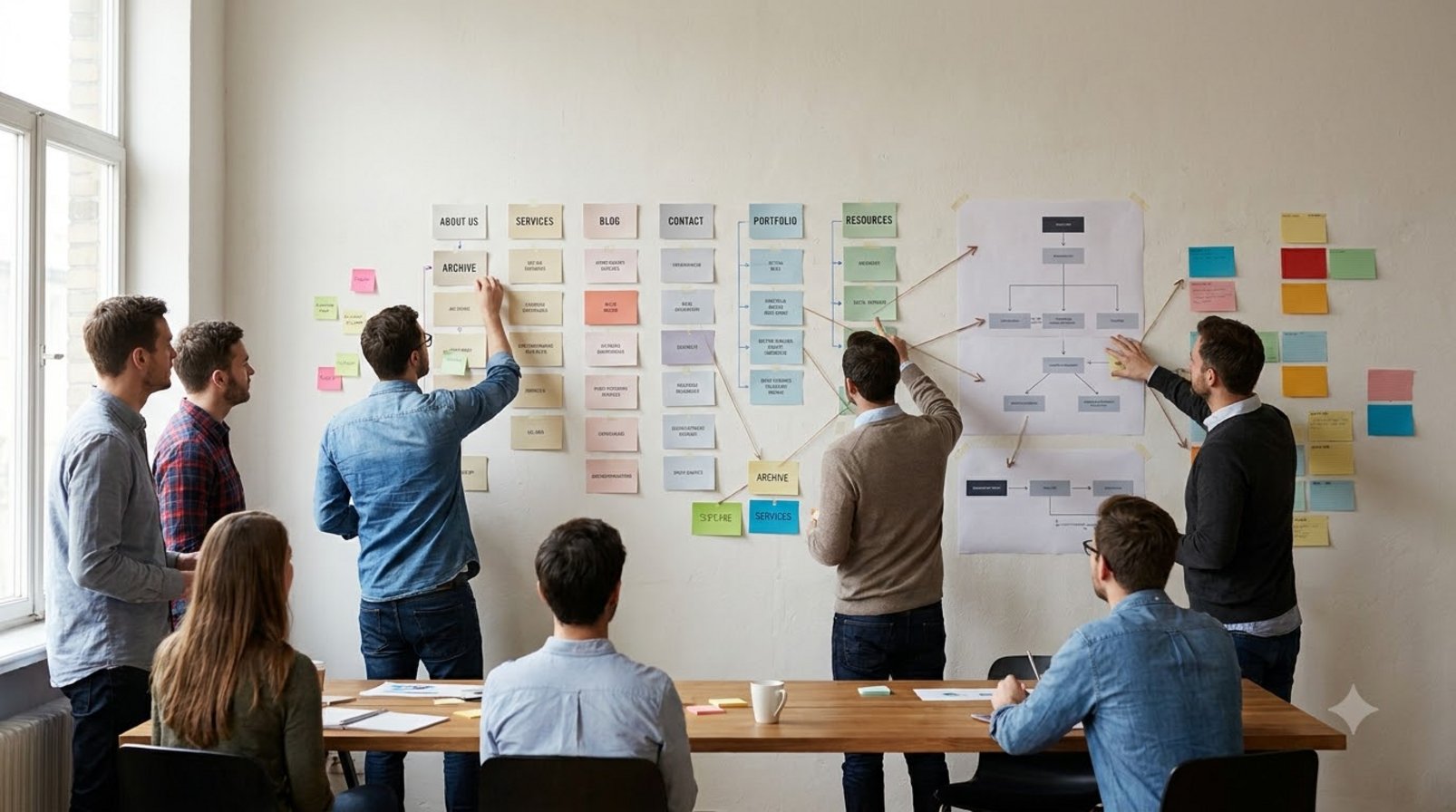 A set of sitemap documents on the wall, showing the restructuring of architecture and internal links