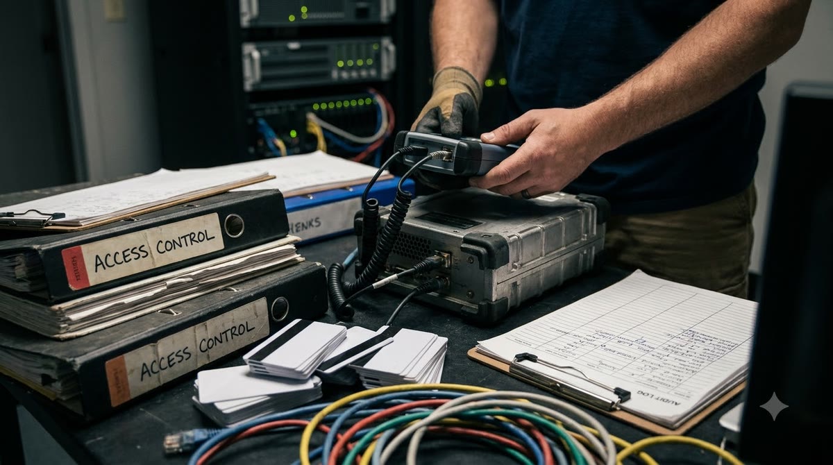 Technician checking integrated equipment, control records, and hardware in a safe operations room