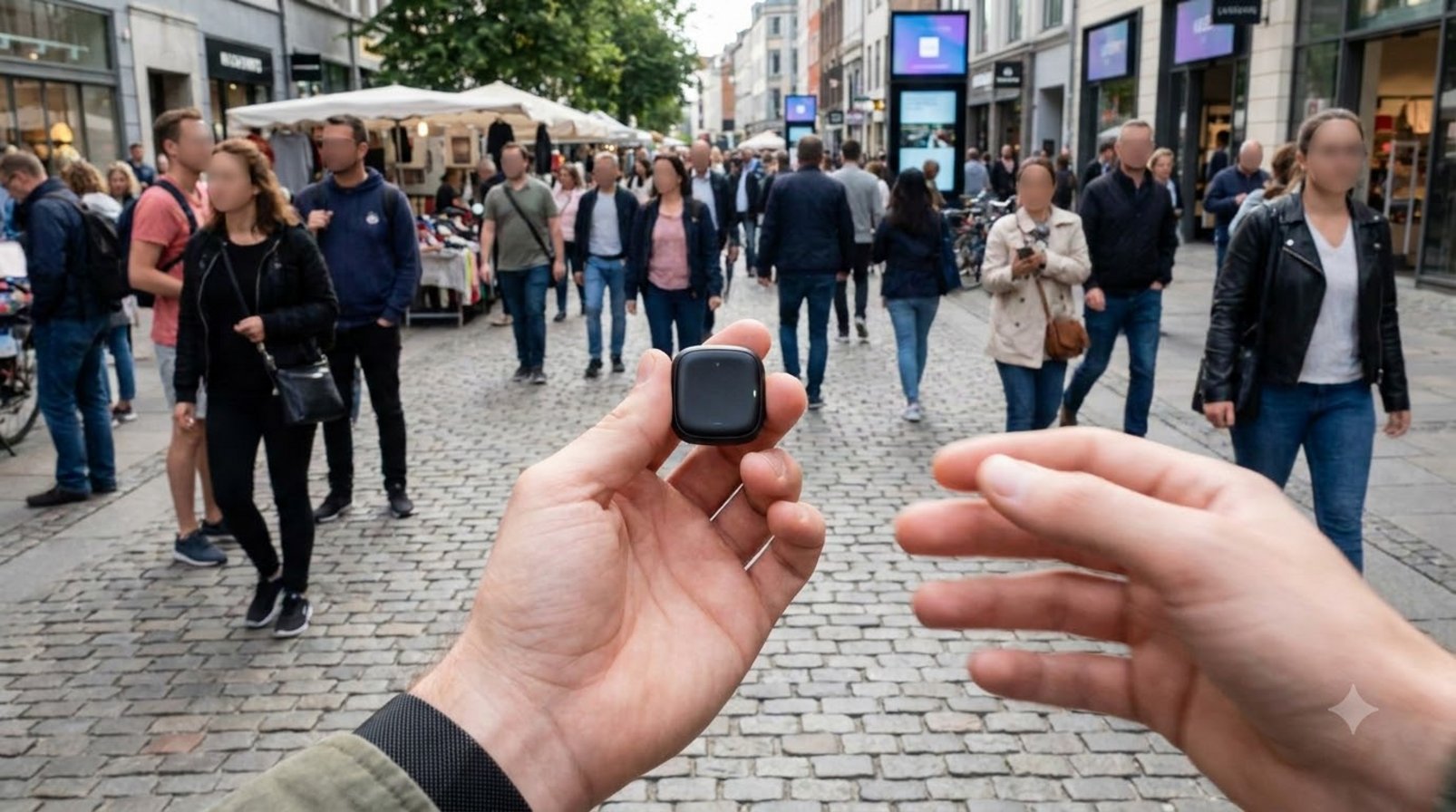 A pedestrian holding a compact AI device in a busy neighborhood in the afternoon