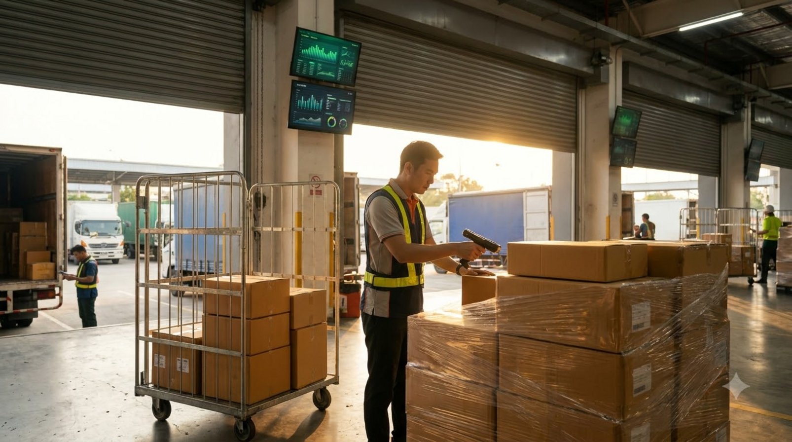 Warehouse staff scanning parcel codes in a bright shipping area