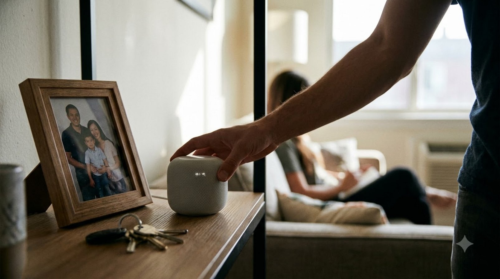Thiết bị AI nhỏ nằm trên kệ cạnh đồ dùng cá nhân trong căn hộ yên tĩnh