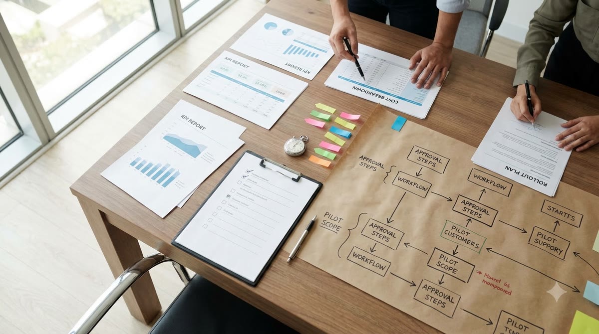 Bàn kế hoạch marketing với KPI, checklist và sơ đồ quy trình thử nghiệm