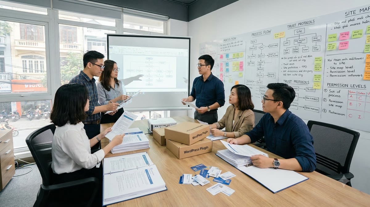 A Vietnamese marketing team reviewing website governance documents, access cards, and process diagrams around a meeting table