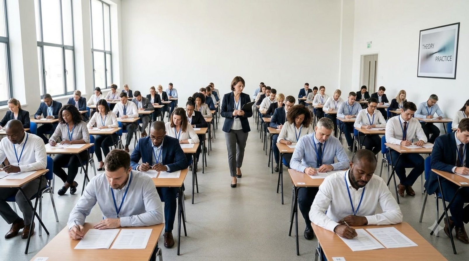 Phòng thi chứng chỉ với thí sinh ngồi tách nhau, giám thị đi dọc lối giữa