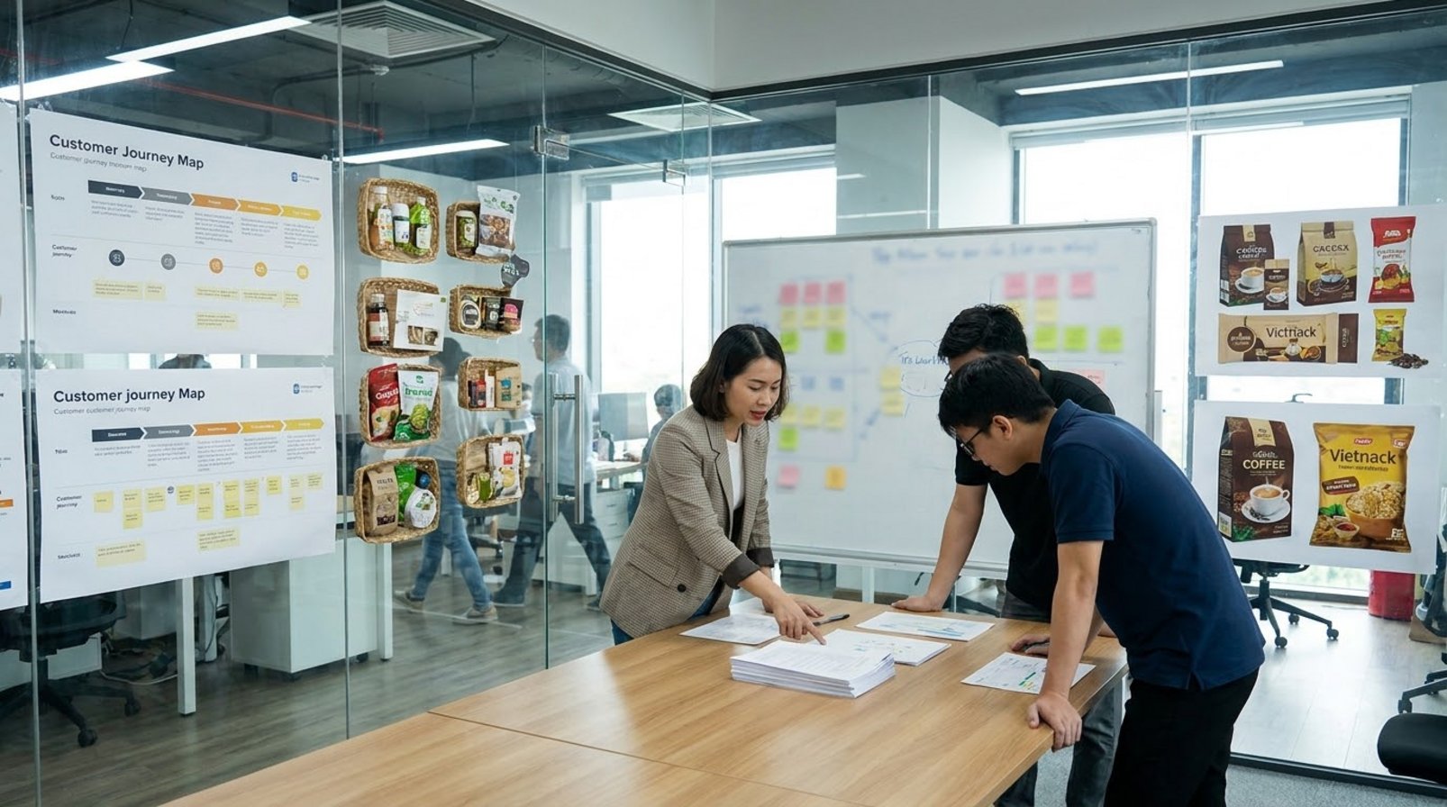 Đội marketing Việt xem bản đồ hành trình khách hàng và tài liệu in