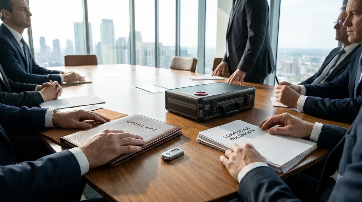 Enterprise procurement meeting with compliance files, security tokens, and sealed equipment boxes
