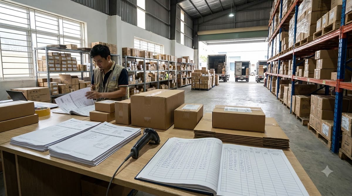 A warehouse area with shipping slips, product boxes, and an order reconciliation ledger