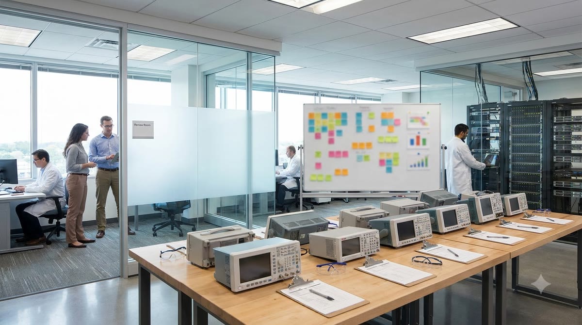 Test lab with checklists, isolation equipment, and a safety review area