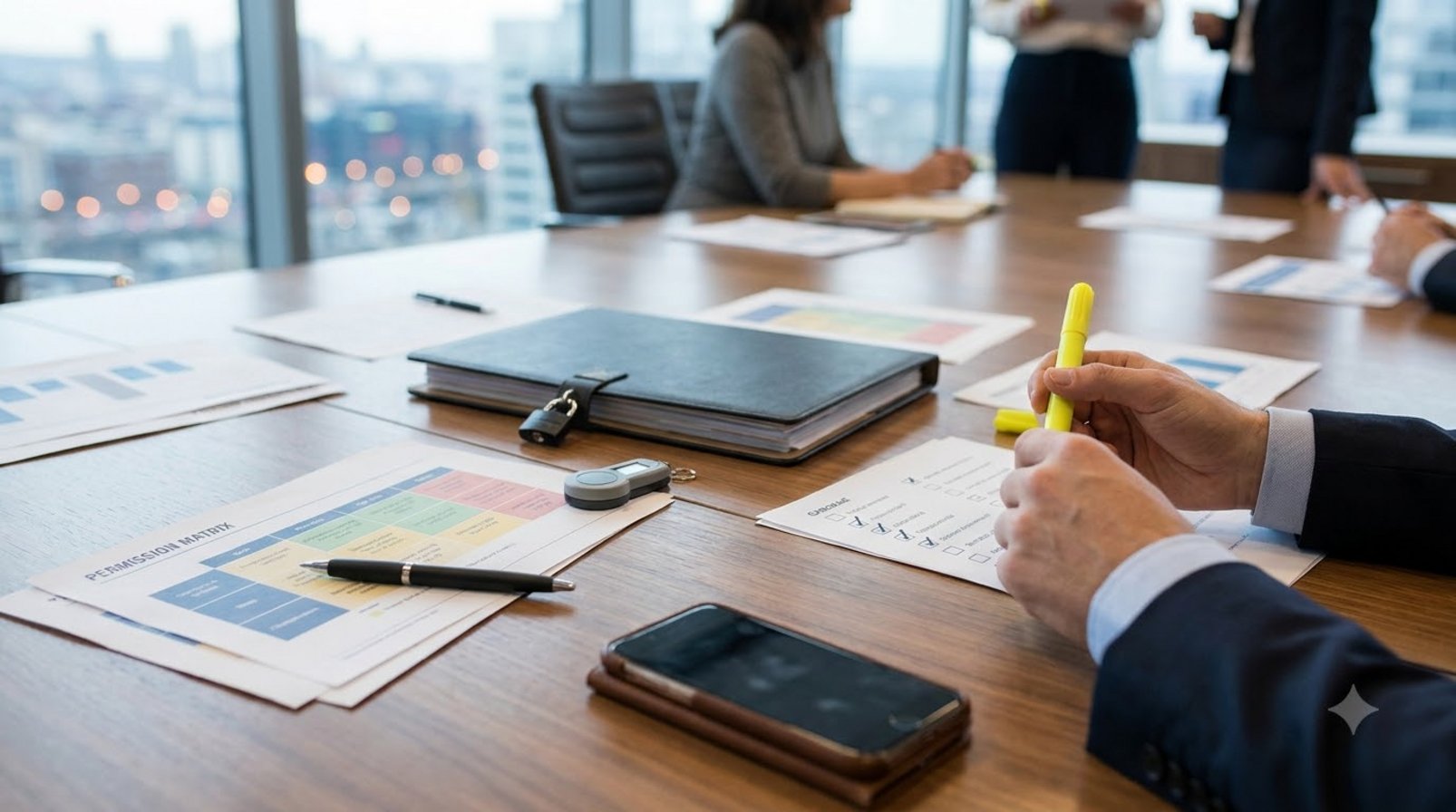 Access control meeting table with permission records and security devices