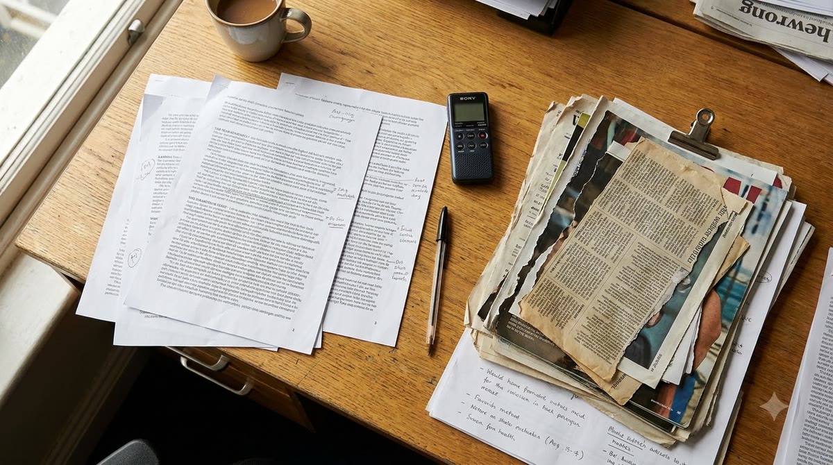 Bài viết in, ghi chú chuyên gia và giấy nguồn được trải trên bàn newsroom