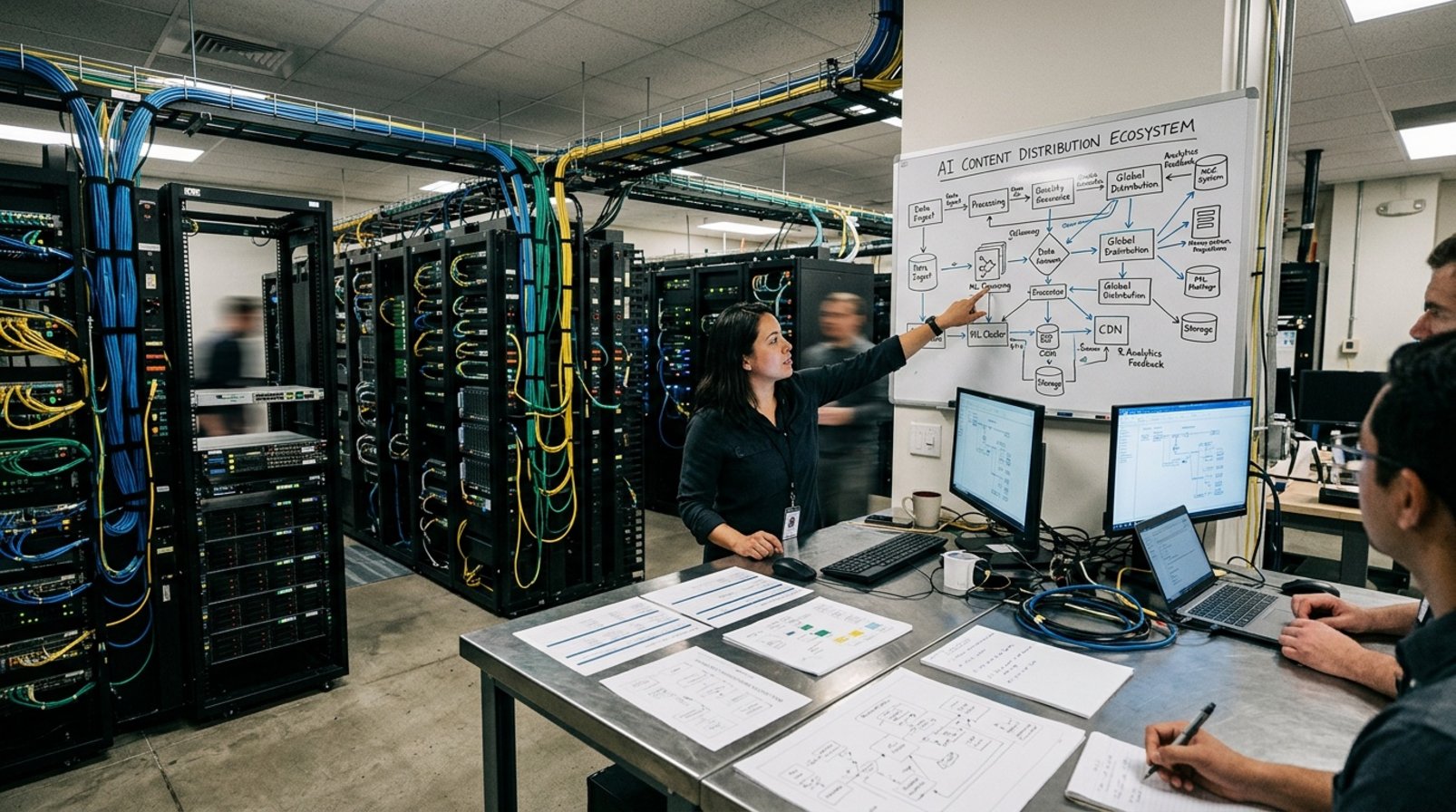 Phòng vận hành với tủ server, giấy quy trình và bảng phân phối nội dung