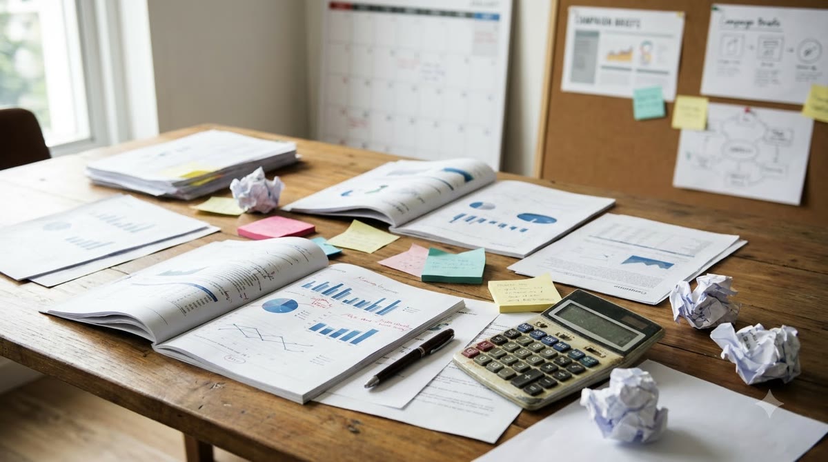 Bàn họp với báo cáo in, biểu đồ và giấy ghi chú về xu hướng