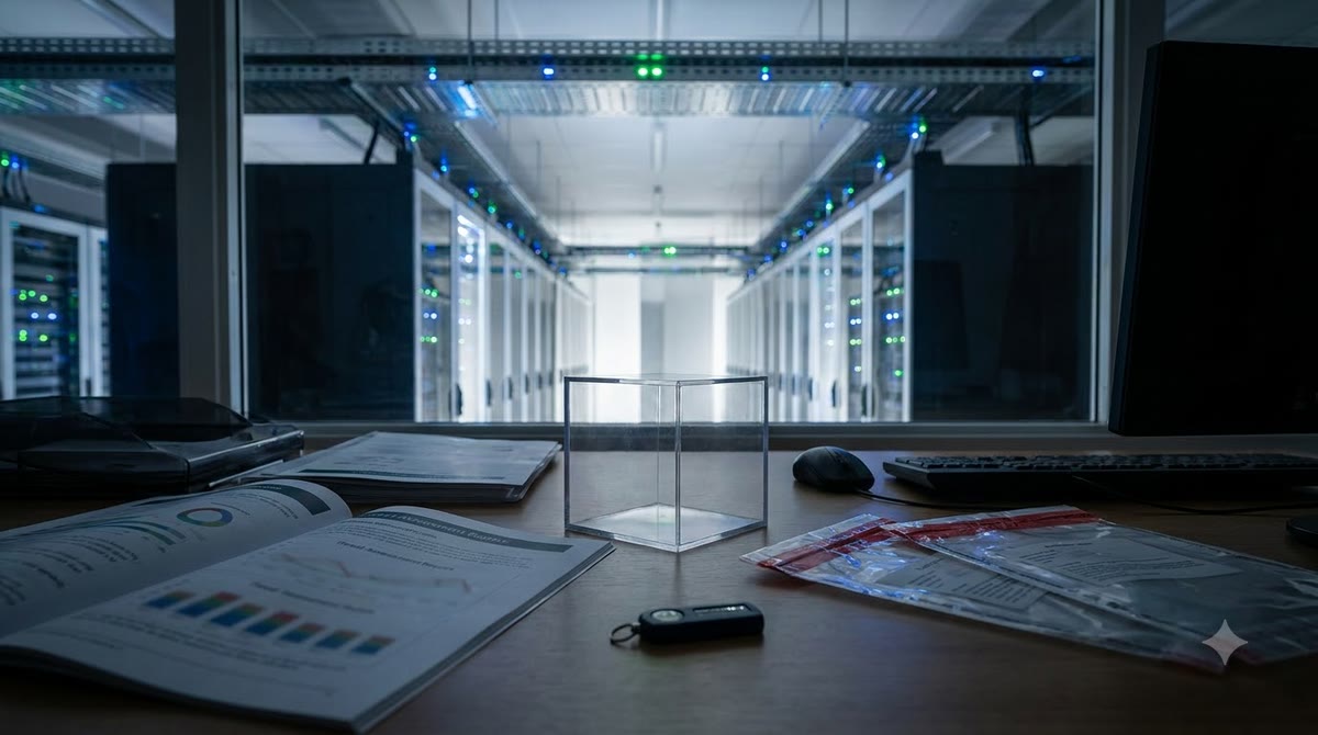 Security room with servers, printed files, and access control devices