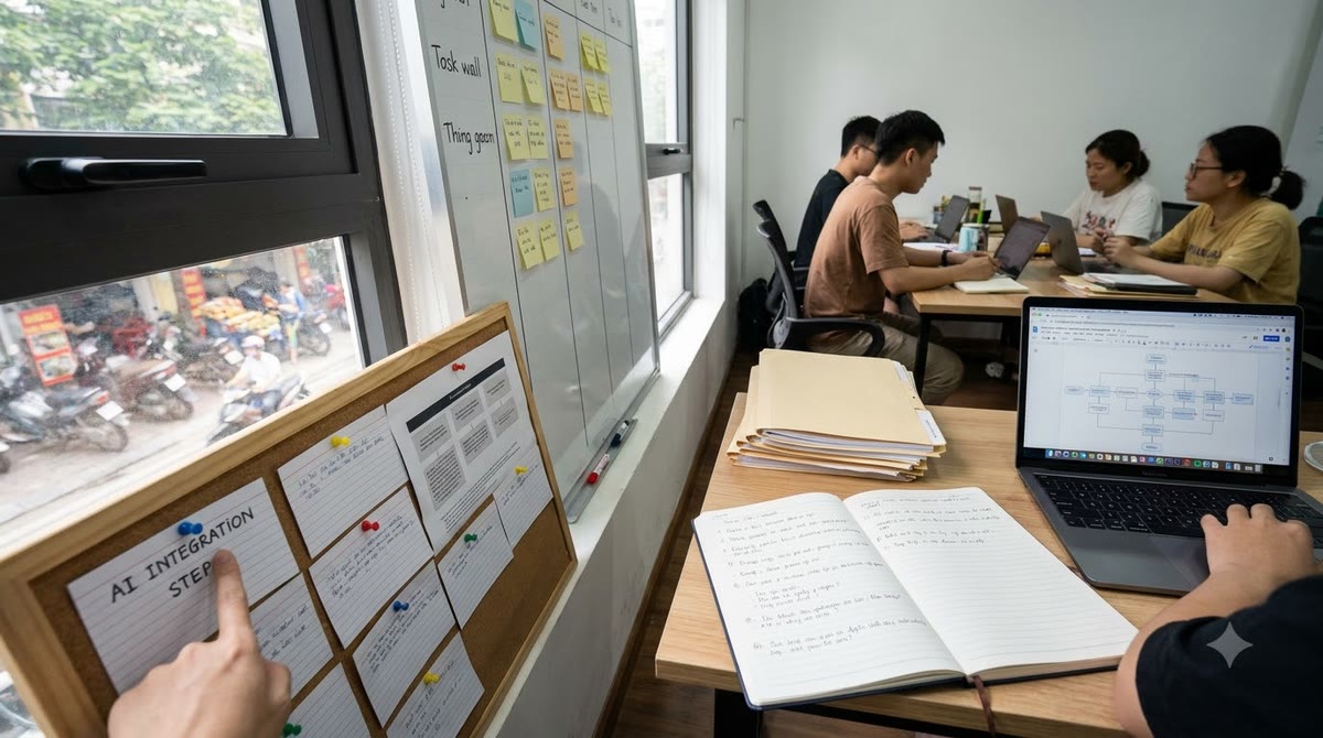 Văn phòng marketing nhỏ với thẻ quy trình, brief in giấy và bảng tác vụ gắn tường