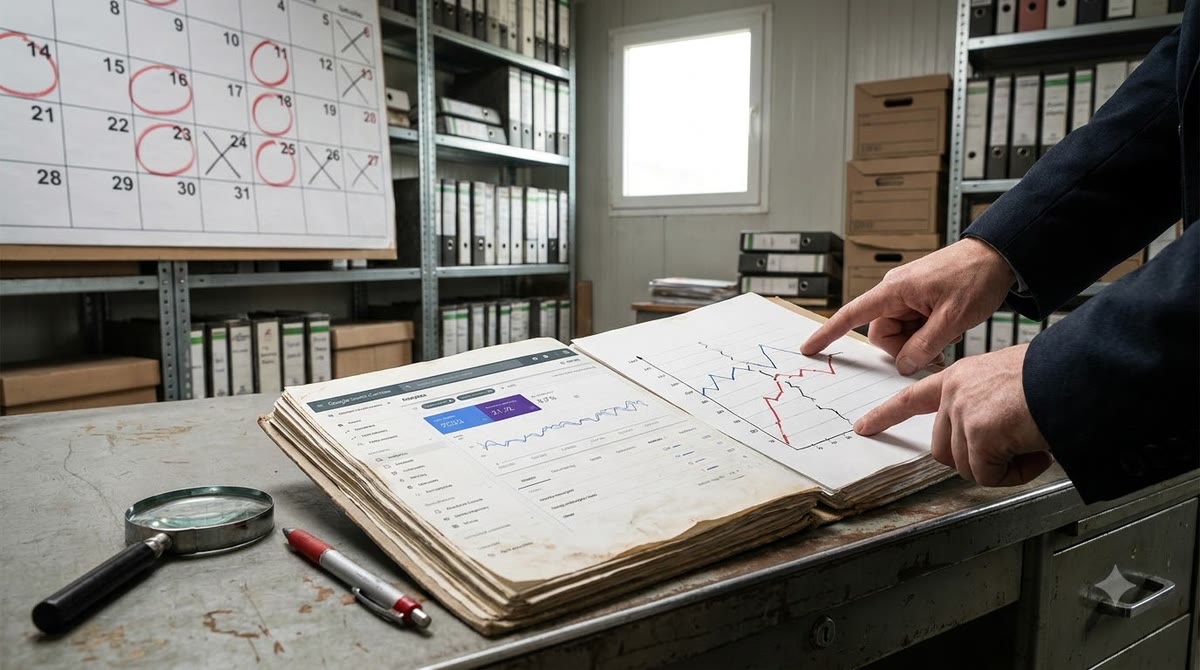 Paper analytics desk with a chart missing days and a magnifying glass inspecting metrics