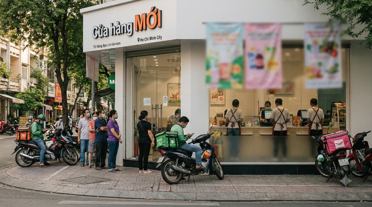 Mặt tiền cửa hàng Việt Nam giờ cao điểm với khách chờ và xe giao hàng