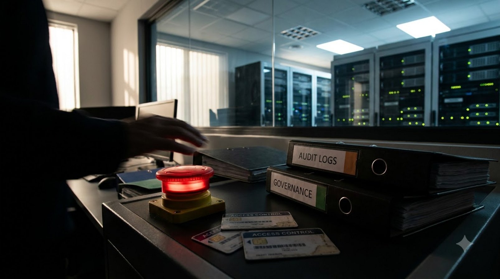 Secure operations room with an emergency stop button and an output control area