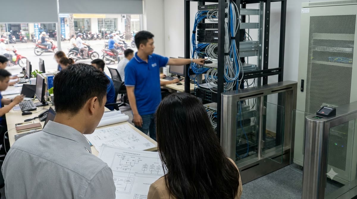 Hai quản lý marketing xem sơ đồ tích hợp hệ thống trong trung tâm dịch vụ doanh nghiệp