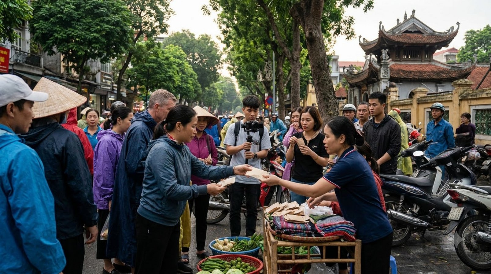 Một hoạt động kích hoạt thương hiệu giữa khu phố Việt, người xem tụ lại quanh người quay