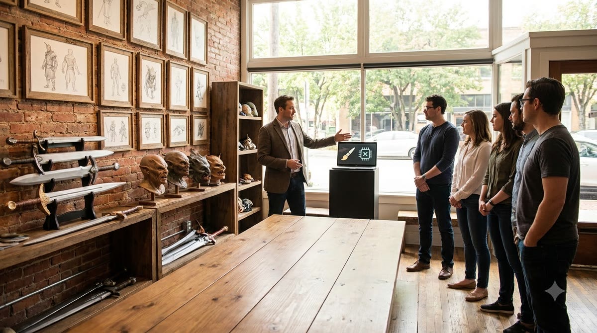 A studio presentation room with handmade props and an audience listening
