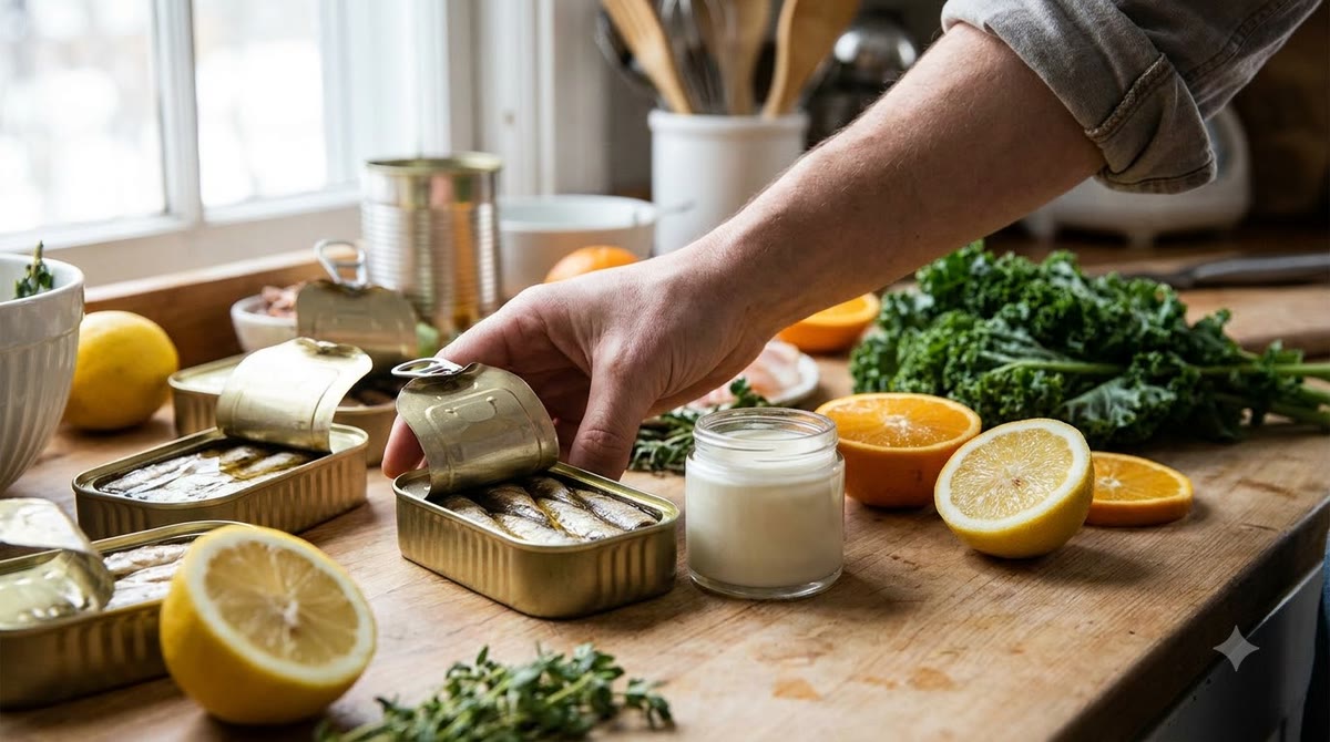 Hộp cá mòi mở bên trái cây và lọ kem dưỡng trên mặt bếp