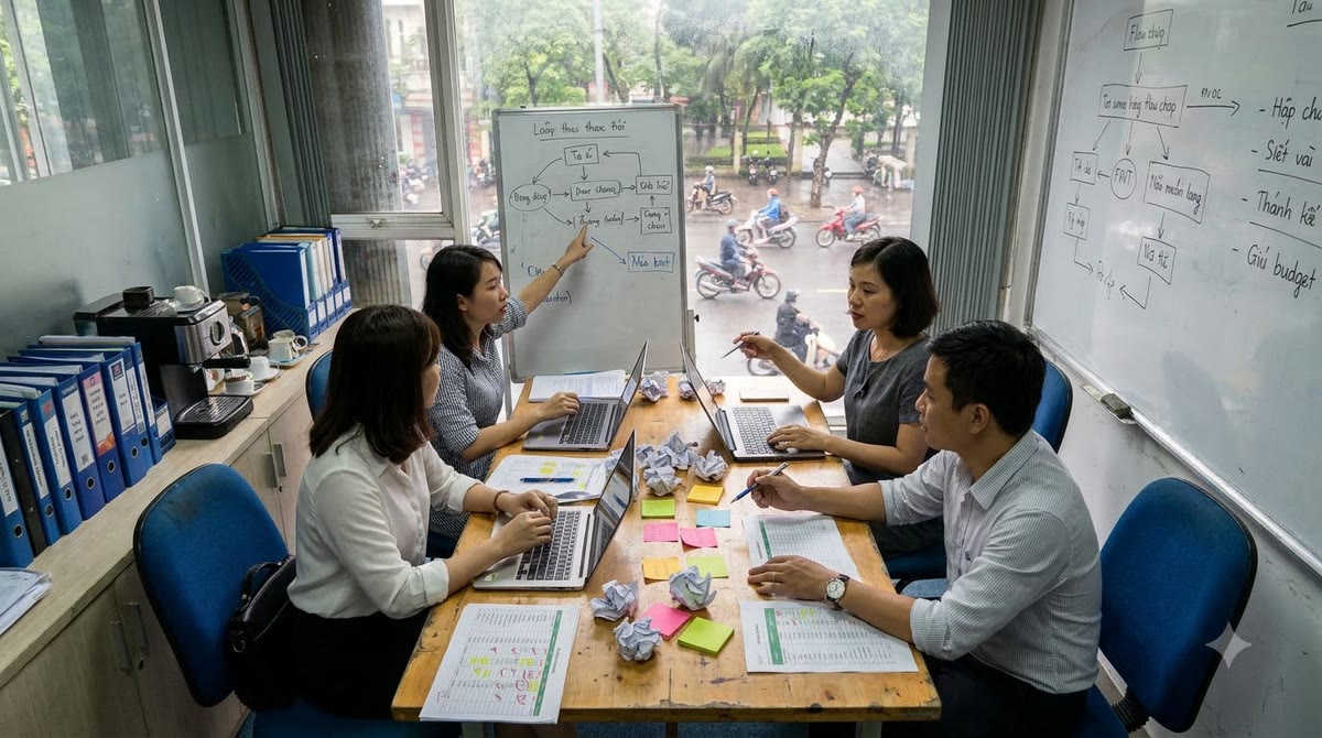 Phòng họp nhỏ với giấy tờ ngân sách và bảng quy trình trong văn phòng Việt Nam