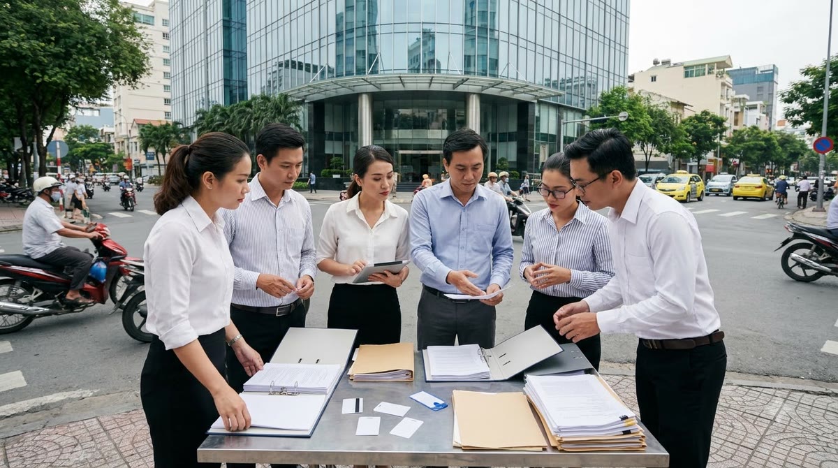 A marketing team stands in front of an office building, holding reports and access badges