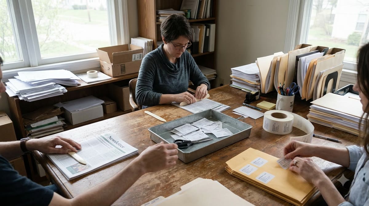 Several handwritten drafts being passed through an approval process in a small office