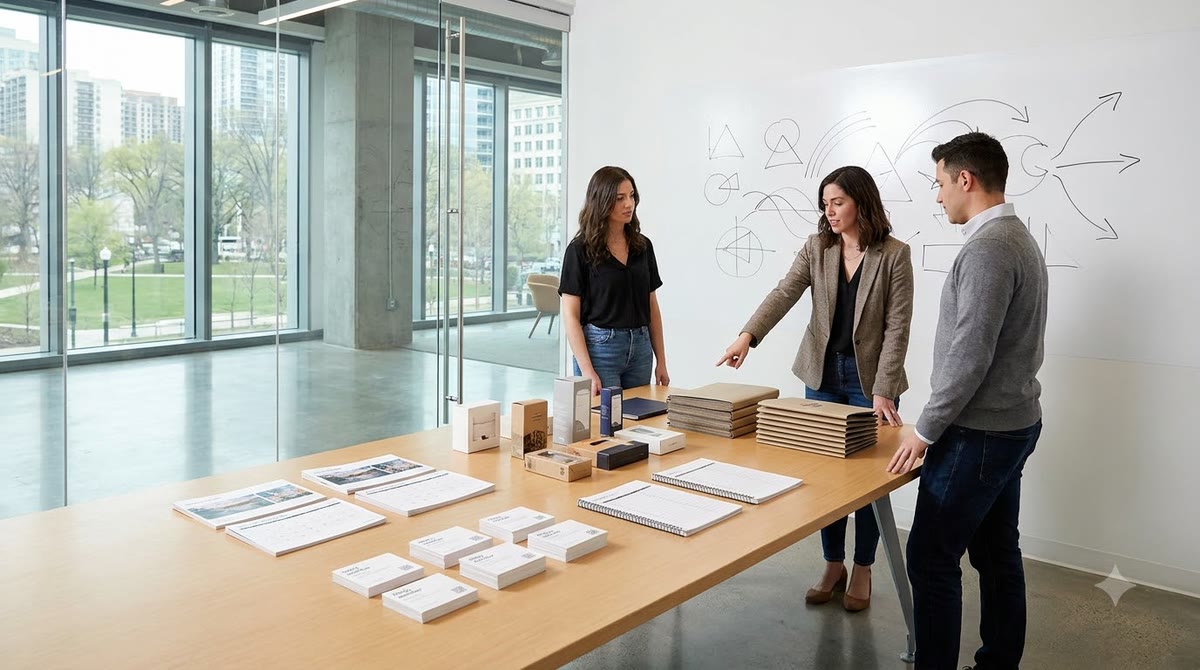 Client meeting table with publishing calendar, service sheets, and campaign coordination documents
