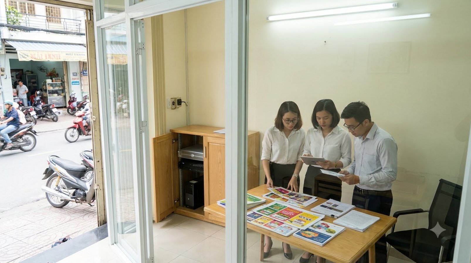 Small marketing team meeting in a glass-walled space beside a cabinet of equipment and printed papers