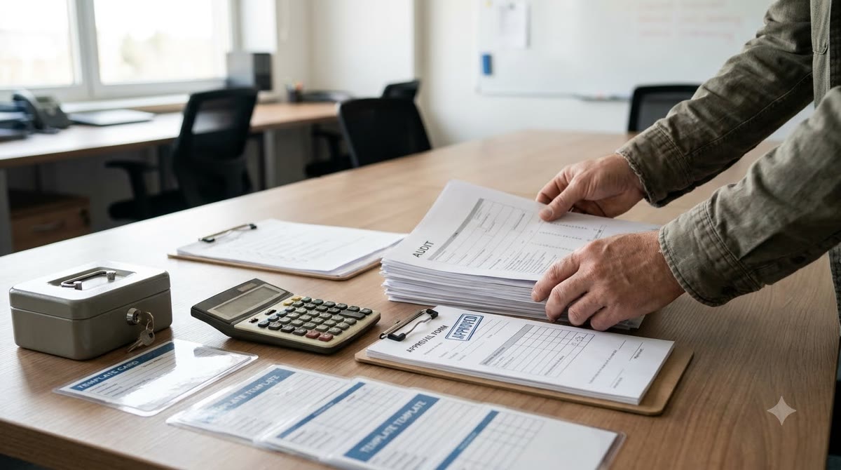 Bàn họp có giấy duyệt, checklist kiểm soát và thẻ mẫu dùng lại trước khi mở rộng