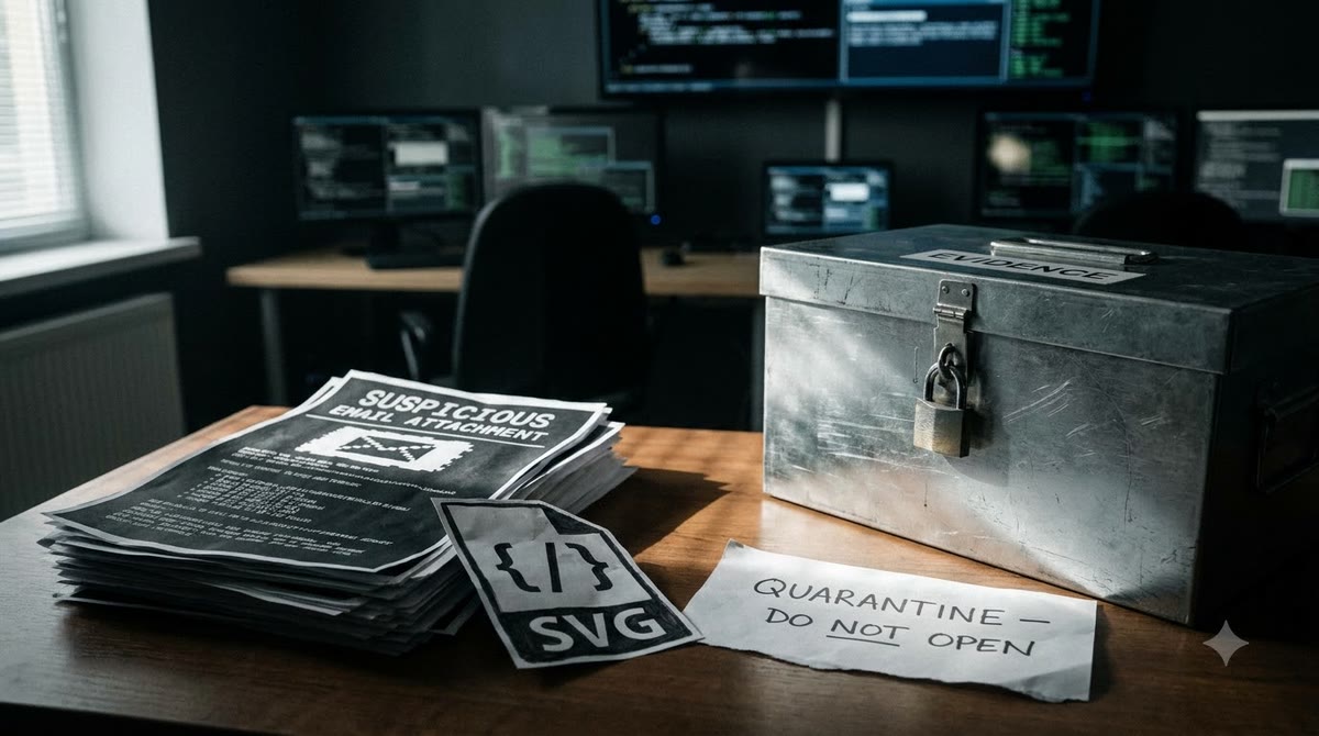 A stack of suspicious files, a cut-paper SVG icon, and a sealed box in a security room