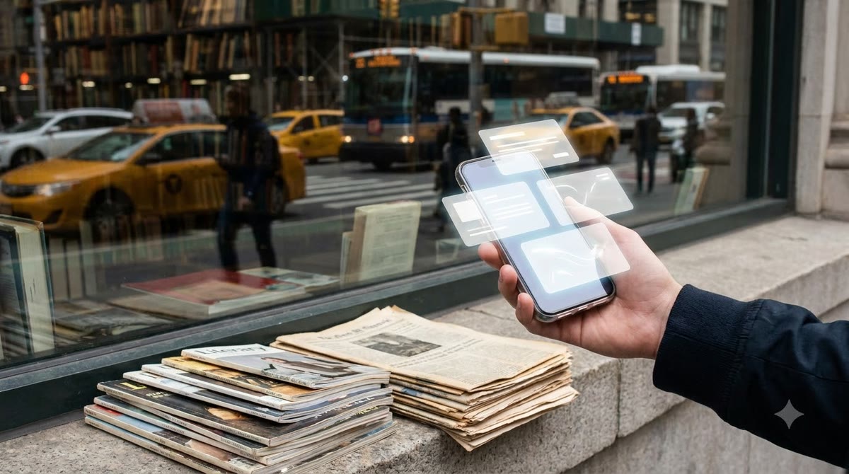 Phone in front of a bookstore window with an AI answer layer and cited documents
