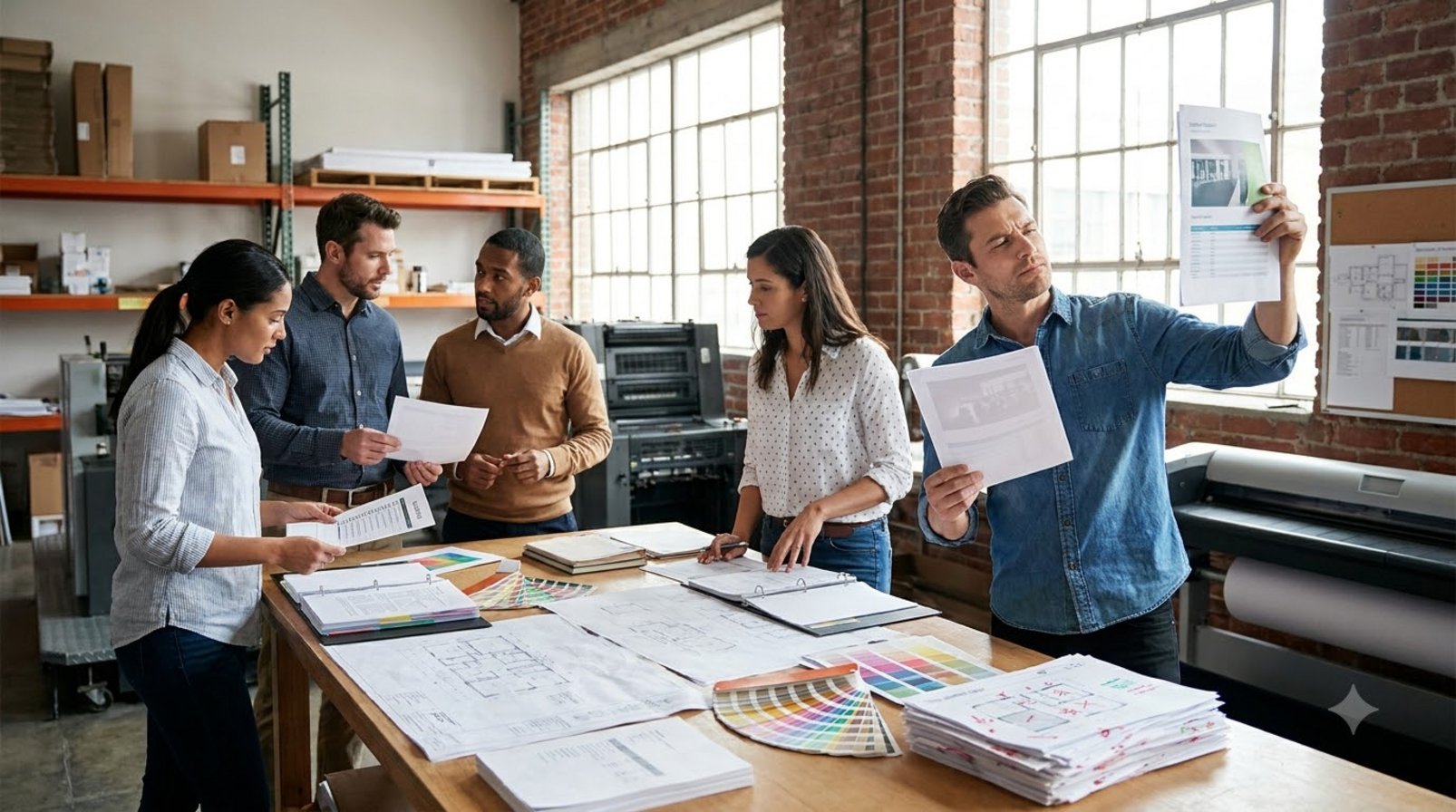 Nhóm marketing rà soát bản in, checklist và tài liệu chiến dịch trong studio